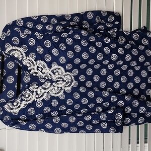 Talbots Blue & White Embroidered Lightweight Floral Blouse  Size XL